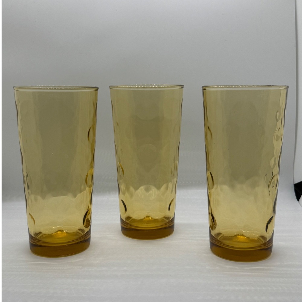 VTG Amber Eldorado Gold Hazel-Atlas Rain Drops Thumbprint Glasses Set of 3 MCM